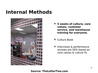 49
Internal Methods
 5 weeks of culture, core
values, customer
service, and warehouse
training for everyone.
 Culture Book
 Interviews & performance
reviews are 50% based on
core values & culture fit.
Source: TheLetterTwo.com
 