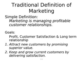 1-5
Traditional Definition of
Marketing
Simple Definition:
Marketing is managing profitable
customer relationships.
Goals:
Profit, Customer Satisfaction & Long term
relationship
1. Attract new customers by promising
superior value.
2. Keep and grow current customers by
delivering satisfaction.
 