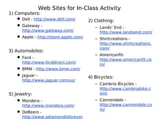Web Sites for In-Class Activity
1) Computers:
 Dell - http://www.dell.com/
 Gateway -
http://www.gateway.com/
 Apple - http://store.apple.com/
3) Automobiles:
 Ford -
http://www.forddirect.com/
 BMW - http://www.bmw.com/
 Jaguar -
http://www.jaguar.com/us/
5) Jewelry:
 Mondera -
http://www.mondera.com/
 DeBeers -
http://www.adiamondisforever
2) Clothing:
– Lands’ End -
http://www.landsend.com/
– Shirtcreations -
http://www.shirtcreations.
com/
– Americanfit-
http://www.americanfit.co
m/
4) Bicycles:
– Cambria Bicycles -
http://www.cambriabike.c
om/
– Cannondale -
http://www.cannondale.co
m/
 