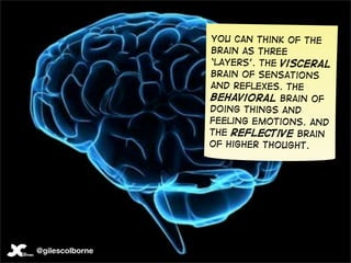 You can think of the
                 brain as three
                 ‘layers’. The visceral
                 brain of sensations
                 and reflexes. The
                 behavioral brain of
                 doing things and
                 feeling emotions. and
                 the reflective brain
                 of higher thought.




@gilescolborne
 