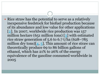  Rice straw has the potential to serve as a relatively 
inexpensive feedstock for biofuel production because 
of its abundance and low value for other applications 
[2]. In 2007, worldwide rice production was 157 
million hectare (651 million tons) [3] with estimated 
rice straw generation of 5.6 to 6.7 t/ha (628–785 
million dry tons)[4, 5]. This amount of rice straw can 
theoretically produce 69 to 86 billion gallons of 
ethanol, which has 21% to 26% of the energy 
equivalence of the gasoline consumed worldwide in 
2005 
 