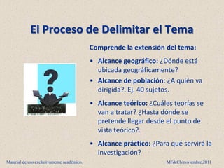 El Proceso de Delimitar el Tema
                                            Comprende la extensión del tema:
                                            • Alcance geográfico: ¿Dónde está
                                              ubicada geográficamente?
                                            • Alcance de población: ¿A quién va
                                              dirigida?. Ej. 40 sujetos.
                                            • Alcance teórico: ¿Cuáles teorías se
                                              van a tratar? ¿Hasta dónde se
                                              pretende llegar desde el punto de
                                              vista teórico?.
                                            • Alcance práctico: ¿Para qué servirá la
                                              investigación?
Material de uso exclusivamente académico.                            MFdeCh/noviembre,2011
 