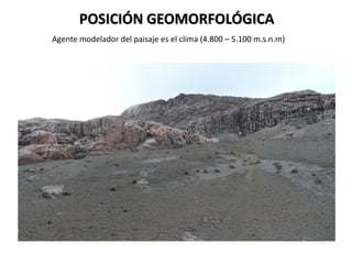 POSICIÓN GEOMORFOLÓGICA
Agente modelador del paisaje es el clima (4.800 – 5.100 m.s.n.m)
 