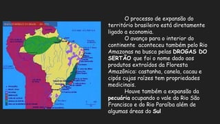 O processo de expansão do
território brasileiro está diretamente
ligado a economia.
O avanço para o interior do
continente aconteceu também pelo Rio
Amazonas na busca pelas DROGAS DO
SERTÃO que foi o nome dado aos
produtos extraídos da Floresta
Amazônica: castanha, canela, cacau e
cipós cujas raízes tem propriedades
medicinais.
Houve também a expansão da
pecuária ocupando o vale do Rio São
Francisco e do Rio Paraíba além de
algumas áreas do Sul
 