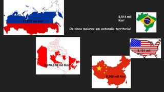 17,075 mil km²
9,569 mil Km²
9,161 mil
Km²
9,970,610 mil Km²
8,514 mil
Km²
Os cinco maiores em extensão territorial
 