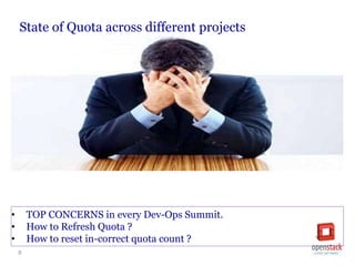 6
State of Quota across different projects
• TOP CONCERNS in every Dev-Ops Summit.
• How to Refresh Quota ?
• How to reset in-correct quota count ?
 