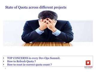 6
State of Quota across different projects
• TOP CONCERNS in every Dev-Ops Summit.
• How to Refresh Quota ?
• How to reset...