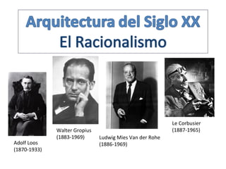 Adolf Loos
(1870-1933)
Walter Gropius
(1883-1969) Ludwig Mies Van der Rohe
(1886-1969)
Le Corbusier
(1887-1965)
 