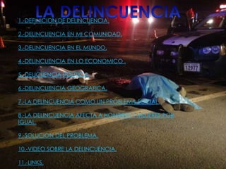 1.-DEFINICION DE DELINCUENCIA.

2.-DELINCUENCIA EN MI COMUNIDAD.

3.-DELINCUENCIA EN EL MUNDO.

4.-DELINCUENCIA EN LO ECONOMICO .

5.-DELICUENCIA POLITICA.

6.-DELINCUENCIA GEOGRAFICA.

7.-LA DELINCUENCIA COMO UN PROBLEMA SOCIAL.

8.-LA DELINCUENCIA AFECTA A HOMBRES Y MUJERES POR
IGUAL.

9.-SOLUCION DEL PROBLEMA.

10.-VIDEO SOBRE LA DELINCUENCIA.

11.-LINKS.
 