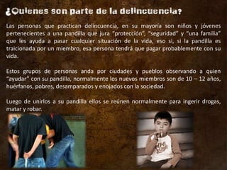 Las personas que practican delincuencia, en su mayoría son niños y jóvenes
pertenecientes a una pandilla que jura “protección”, “seguridad” y “una familia”
que les ayuda a pasar cualquier situación de la vida, eso si, si la pandilla es
traicionada por un miembro, esa persona tendrá que pagar probablemente con su
vida.

Estos grupos de personas anda por ciudades y pueblos observando a quien
“ayudar” con su pandilla, normalmente los nuevos miembros son de 10 – 12 años,
huérfanos, pobres, desamparados y enojados con la sociedad.

Luego de unirlos a su pandilla ellos se reúnen normalmente para ingerir drogas,
matar y robar.
 