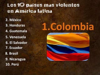 2. México
3. Honduras
4. Guatemala
                 1.Colombia
5. Venezuela
6. El Salvador
7. Ecuador
8. Brasil
9. Nicaragua
10. Perú
 