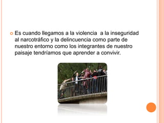    Es cuando llegamos a la violencia a la inseguridad
    al narcotráfico y la delincuencia como parte de
    nuestro entorno como los integrantes de nuestro
    paisaje tendríamos que aprender a convivir.
 