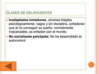  Inadaptados inmaduros: Jóvenes frágiles
  psicológicamente, vagos y sin disciplina, soñadores
  que al no conseguir su sueño, normalmente
  inalcanzable, se enfadan con el mundo.
 No socializado psicópata: No ha desarrollado el
  autocontrol.
 