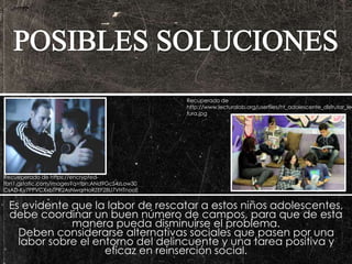 Es evidente que la labor de rescatar a estos niños adolescentes, 
debe coordinar un buen número de campos, para que de esta 
manera pueda disminuirse el problema. 
Deben considerarse alternativas sociales que pasen por una 
labor sobre el entorno del delincuente y una tarea positiva y 
eficaz en reinserción social. 
Recueperado de https://encrypted-tbn1. 
gstatic.com/images?q=tbn:ANd9GcS4zLow30 
CsAD-Ky7PPVCXxbTPR2AsNwqrHoRZEF28U7VHTnooE 
Recuperado de 
http://www.lecturalab.org/userfiles/ht_adolescente_disfrutar_lec 
tura.jpg 
 