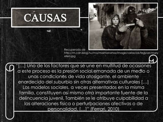 Recuperado de 
http://m.cdn.blog.hu/ma/maimanohaz/image/variaciok/fegyver/mary 
ellen.jpg 
“[…] Uno de los factores que se une en multitud de ocasiones 
a este proceso es la presión social emanada de un medio o 
unas condiciones de vida atosigante, el ambiente 
enardecido del suburbio sin otras alternativas culturales […] 
Los modelos sociales, a veces presentados en la misma 
familia, constituyen así mismo otra importante fuente de la 
delincuencia juvenil. También se le atribuye culpabilidad a 
las alteraciones física o perturbaciones afectivas o de 
personalidad. […]” (Ferrari, 2010) 
 