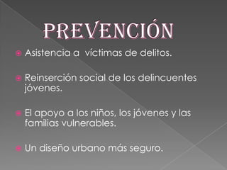 

Asistencia a víctimas de delitos.



Reinserción social de los delincuentes
jóvenes.



El apoyo a los niños, los jóvenes y las
familias vulnerables.



Un diseño urbano más seguro.

 
