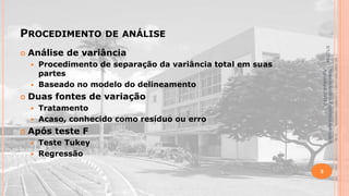 PROCEDIMENTO

5/1/2014



DE ANÁLISE

Análise de variância
Procedimento de separação da variância total em suas
partes
 Baseado no modelo do delineamento


Duas fontes de variação
Tratamento
 Acaso, conhecido como resíduo ou erro




Após teste F
Teste Tukey
 Regressão


Material didático Estatística Aplicada à
Agricultura, 2013-2.



5

 