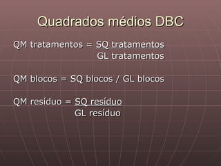 Quadrados médios DBC
QM tratamentos = SQ tratamentos
                 GL tratamentos

QM blocos = SQ blocos / GL blocos

QM resíduo = SQ resíduo
             GL resíduo
 