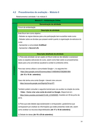 14
4.2 Procedimentos de avaliação - Módulo 0
Relativamente à atividade 1 do módulo 0:
Módulo 0 – Ambientação Online
ATIVIDADE1
Denominação da atividade
Fórum de ambientação
Descrição da atividade
Este fórum tem como objetivo:
- Debater as regras básicas para uma participação bem-sucedida neste curso
- Debater sobre as dúvidas que possam existir quanto à organização da estrutura do
curso
- Apresentar a comunidade 2ndlifead
- Apresentar o Second Life
Descrição detalhada da atividade
1) Para esta atividade vai ser usado um fórum onde se vão debater e esclarecer
todos os aspetos estruturais do curso, assim como falar sobre os procedimentos
ideais para uma convivência saudável e cordial no ambiente online.
Para isso vamos utilizar a comunidade Google +, no seguinte link -
https://plus.google.com/u/0/communities/114900464375828891884
(de 15 a 16 de setembro);
Caso não tenha uma conta Google + deverá criar uma em
https://accounts.google.com/SignUp?hl=pt-PT.
Também podem consultar o seguinte tutorial para vos auxiliar na criação da conta.
Vídeo - Como criar uma conta de email no Google. Disponível em :
https://www.youtube.com/watch?v=kK_U1h0HAW0. Acedido em 09 de junho de
2014.
2) Para que este debate seja esclarecedor e enriquecedor, gostaríamos que
começassem por analisar as informações que estão presentes neste site, assim
como analisar os recursos disponibilizados (de 17 a 18 de setembro);
3) Debate de ideias (de 19 a 20 de setembro).
 