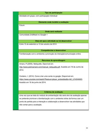 15
Tipo de participação
Atividade em grupo, com participação individual
Elemento onde incidirá a avaliação
Fórum
Onde será realizada
Comunidade 2ndlifead no Google +
Dias em que a atividade se irá desenvolver
Entre 15 de setembro a 10 de outubro de 2014
Competências a desenvolver
Familiarização com o ambiente e promoção da interação/comunicação online
Recursos de aprendizagem
Amaro, P.(2009). Netiquette. Diponível em:
http://www.pedroamaro.com/manual_netiquette.pdf. Acedido em 16 de Junho de
2014.
Cordeiro, I. (2014). Como criar uma conta no google. Disponível em:
https://www.youtube.com/watch?feature=player_embedded&v=kK_U1h0HAW0.
Acedido em 16 de junho de 2014.
Critérios de avaliação
Uma vez que se trata do módulo de ambientação não será alvo de avaliação apenas
se pretende promover a familiarização com o ambiente online de forma a ser um
ponto de partida para a interação e colaboração a desenvolver nas atividades que
irão contar para a avaliação.
 