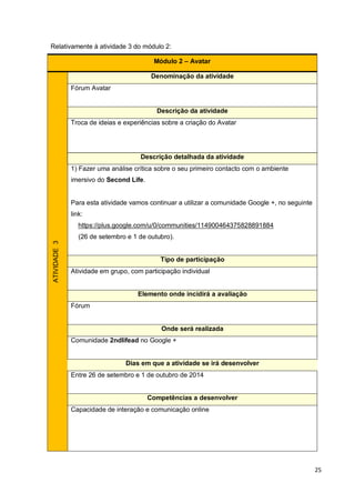 25
Relativamente à atividade 3 do módulo 2:
Módulo 2 – Avatar
ATIVIDADE3
Denominação da atividade
Fórum Avatar
Descrição da atividade
Troca de ideias e experiências sobre a criação do Avatar
Descrição detalhada da atividade
1) Fazer uma análise crítica sobre o seu primeiro contacto com o ambiente
imersivo do Second Life.
Para esta atividade vamos continuar a utilizar a comunidade Google +, no seguinte
link:
https://plus.google.com/u/0/communities/114900464375828891884
(26 de setembro e 1 de outubro).
Tipo de participação
Atividade em grupo, com participação individual
Elemento onde incidirá a avaliação
Fórum
Onde será realizada
Comunidade 2ndlifead no Google +
Dias em que a atividade se irá desenvolver
Entre 26 de setembro e 1 de outubro de 2014
Competências a desenvolver
Capacidade de interação e comunicação online
 
