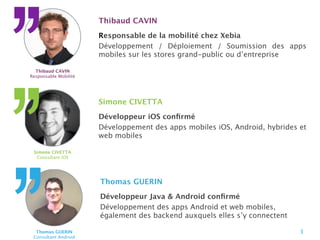 Thibaud CAVIN
Responsable de la mobilité chez Xebia
Développement / Déploiement / Soumission des apps
mobiles sur les stores grand-public ou d’entreprise
Thibaud CAVIN
Responsable Mobilité

Simone CIVETTA
Développeur iOS conﬁrmé
Développement des apps mobiles iOS, Android, hybrides et
web mobiles
Simone CIVETTA
Consultant iOS

Thomas GUERIN
Développeur Java & Android conﬁrmé
Développement des apps Android et web mobiles,
également des backend auxquels elles s’y connectent
Thomas GUERIN
Consultant Android

|

3

 