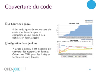 Couverture du code
Le bon vieux gcov..
✓ Les métriques de couverture du
code sont fournies par le
compilateur, qui produit des
ﬁchiers en format gcov
Intégration dans Jenkins
✓ Grâce à gconv il est possible de
convertir les rapports en format
Cobertura XML pour les intégrer
facilement dans Jenkins

|

31

 