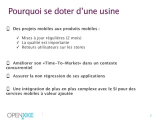 Pourquoi se doter d’une usine
Des projets mobiles aux produits mobiles :
✓ Mises à jour régulières (2 mois)
✓ La qualité est importante
✓ Retours utilisateurs sur les stores

Améliorer son «Time-To-Market» dans un contexte
concurrentiel
Assurer la non régression de ses applications
Une intégration de plus en plus complexe avec le SI pour des
services mobiles à valeur ajoutée

|

7

 
