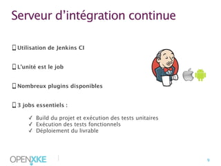 Serveur d’intégration continue
Utilisation de Jenkins CI
L’unité est le job
Nombreux plugins disponibles
3 jobs essentiels :
✓ Build du projet et exécution des tests unitaires
✓ Exécution des tests fonctionnels
✓ Déploiement du livrable

|

9

 