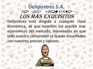 Delipostres está dirigida a cualquier clase
económica, ya que tenemos los precios mas
económicos del mercado, interesados en que
toda nuestra comunidad se quede encantados
con nuestros precios y sabores.
Delipostres S.A.
Los mas Exquisitos
los más exquisitos
 