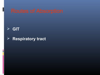 Routes of Absorption
 GIT
 Respiratory tract
 