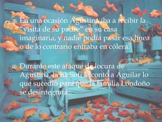  En una ocasión Agustina iba a recibir la
“visita de su padre” en su casa
imaginaria, y nadie podía pasar esa línea
o de lo contrario entraba en cólera.
 Durante este ataque de locura de
Agustina, la tía Sofi le contó a Aguilar lo
que sucedió para que la familia Londoño
se desintegrara:
 