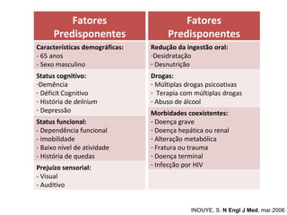 INOUYE, S.  N Engl J Med , mar.2006   Fatores Predisponentes Características demográficas: - 65 anos - Sexo masculino Status cognitivo: Demência  Déficit Cognitivo  História de  delirium Depressão Status funcional: - Dependência funcional - Imobilidade - Baixo nível de atividade - História de quedas Prejuízo sensorial: - Visual - Auditivo Fatores Predisponentes Redução da ingestão oral: Desidratação Desnutrição Drogas: Múltiplas drogas psicoativas Terapia com múltiplas drogas Abuso de álcool Morbidades coexistentes: Doença grave Doença hepática ou renal Alteração metabólica Fratura ou trauma Doença terminal Infecção por HIV 