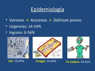 Epidemiología
• Varones + Ancianos + Delirium previo
• Urgencias: 14-24%
• Ingreso: 6-56%




 UCI: 70-87%    Cirugía: 15-...