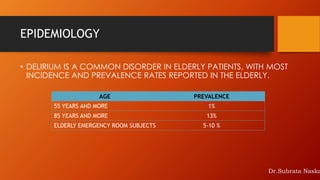 EPIDEMIOLOGY
• DELIRIUM IS A COMMON DISORDER IN ELDERLY PATIENTS, WITH MOST
INCIDENCE AND PREVALENCE RATES REPORTED IN THE ELDERLY.
AGE PREVALENCE
55 YEARS AND MORE 1%
85 YEARS AND MORE 13%
ELDERLY EMERGENCY ROOM SUBJECTS 5-10 %
Dr.Subrata Naska
 
