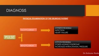 DIAGNOSIS
PULSE
TACHYCARDIA
BRADYCARDIA
HYPOTHYROIDISM
STOKES-ADAMS SYNDROME
INCREASED INTRACRANIAL PRESSURE
HYPERTHYROIDISM
INFECTION
HEART FAILURE
PHYSICAL EXAMINATION OF THE DELIRIOUS PATIENT
Dr.Subrata Naska
 