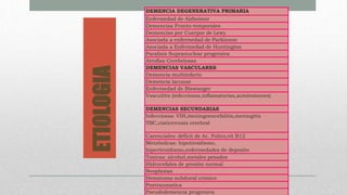 DEMENCIA DEGENERATIVA PRIMARIA
Enfermedad de Alzheimer
Demencias Fronto-temporales
Demencias por Cuerpor de Lewy
Asociada a enfermedad de Parkinson
Asociada a Enfermedad de Huntington
Paralisis Supranuclear progresiva
Atrofias Cerebelosas
DEMENCIAS VASCULARES
Demencia multiinfarto
Demencia lacunar
Enfermedad de Biswanger
Vasculitis (infecciosas,inflamatorias,autoinmunes)
DEMENCIAS SECUNDARIAS
Infecciosas: VIH,meningoencefalitis,meningitis
TBC,cisticercosis cerebral
Carenciales: déficit de Ac. Folico,vit B12
Metabolicas: hipotiroidismo,
hipertiroidismo,enfermedades de deposito
Toxicas: alcohol,metales pesados
Hidrocefalea de presión normal
Neoplasias
Hematoma subdural crónico
Postraumatica
Pseudodemencia progresiva
ETIOLOGIA
 
