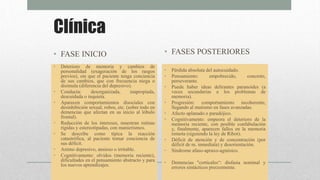 Clínica
• FASE INICIO
• Deterioro de memoria y cambios de
personalidad (exageración de los rasgos
previos), sin que el paciente tenga conciencia
de sus cambios, que con frecuencia niega o
disimula (diferencia del depresivo).
• Conducta: desorganizada, inapropiada,
descuidada o inquieta.
• Aparecen comportamientos disocíales con
desinhibición sexual, robos, etc. (sobre todo en
demencias que afectan en su inicio al lóbulo
frontal).
• Reducción de los intereses, muestran rutinas
rígidas y estereotipadas, con manierismos.
• Se describe como típica la reacción
catastrófica, al paciente tomar conciencia de
sus déficit.
• Animo depresivo, ansioso o irritable.
• Cognitivamente: olvidos (memoria reciente),
dificultades en el pensamiento abstracto y para
los nuevos aprendizajes.
• FASES POSTERIORES
• Pérdida absoluta del autocuidado.
• Pensamiento: empobrecido, concreto,
perseverante.
• Puede haber ideas delirantes paranoides (a
veces secundarias a los problemas de
memoria).
• Progresión: comportamiento incoherente,
llegando al mutismo en fases avanzadas.
• Afecto aplanado o paradójico.
• Cognitivamente: empeora el deterioro de la
memoria reciente, con posible confabulación
y, finalmente, aparecen fallos en la memoria
remota (siguiendo la ley de Ribot).
• Déficit de atención y de concentración (por
déficit de m. inmediata) y desorientación.
• Síndrome afaso-apraxo-agnósico.
• Demencias "corticales“: disfasia nominal y
errores sintácticos precozmente.
 