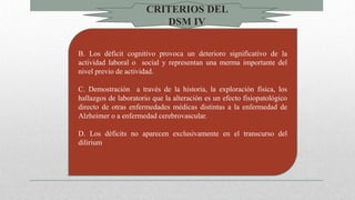 B. Los déficit cognitivo provoca un deterioro significativo de la
actividad laboral o social y representan una merma importante del
nivel previo de actividad.
C. Demostración a través de la historia, la exploración física, los
hallazgos de laboratorio que la alteración es un efecto fisiopatológico
directo de otras enfermedades médicas distintas a la enfermedad de
Alzheimer o a enfermedad cerebrovascular.
D. Los déficits no aparecen exclusivamente en el transcurso del
dilirium
CRITERIOS DEL
DSM IV
 