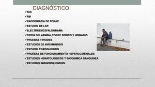 DIAGNÓSTICO
TAC
RM
RADIOGRAFIA DE TORAX
ESTUDIO DE LCR
ELECTROENCEFALOGRAMA
CERULOPLASMINA,COBRE SERICO Y URINARIO
PRUEBAS TIROIDES
ESTUDIOS DE AVITAMINOSIS
ESTUDIO TOXICOLOGICO
PRUEBAS DE FUNCIONAMIENTO HEPATICO,RENALES
ESTUDIOS HEMATOLOGICOS Y BIOQUIMICA SANGUINEA
ESTUDIOS IMAGENOLOGICOS
 