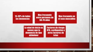 15-30% de todas
las demencias
Mas frecuente
entre personas de
60-70 años
Mas frecuente en
el sexo masculino
La edad de inicio es
menos que la
demencia de tipo
alzheimer
Factores de riesgo:
HTA, cardiopatías y
otros factores de
ictus
 