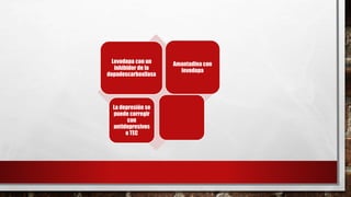 Levodopa con un
inhibidor de la
dopadescarboxilasa
Amantadina con
levodopa
La depresión se
puede corregir
con
antidepresivos
o TEC
 