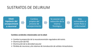SUSTRATOS DE DELIRIUM
Edad:
hipótesis del
envejecimient
o neuronal
Cambios
propios del
proceso de
envejecimiento
Se asocian con
reducción de la
reserva
fisiológica
Más
vulnerables al
estrés físico y
enfermedad
Cambios cerebrales relacionados con la edad:
 Cambia la proporción de la neurotransmisión reguladora del estrés
 Disminución del FSC
 Disminución de la densidad vascular
 Pérdida de neuronas y de sistemas de transducción de señales intracelulares.
 