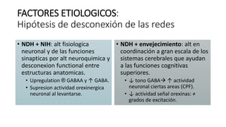 FACTORES ETIOLOGICOS:
Hipótesis de desconexión de las redes
• NDH + NIH: alt fisiologica
neuronal y de las funciones
sinapticas por alt neuroquimica y
desconexion functional entre
estructuras anatomicas.
• Upregulation ® GABAA y ↑ GABA.
• Supresion actividad orexinergica
neuronal al levantarse.
• NDH + envejecimiento: alt en
coordinación a gran escala de los
sistemas cerebrales que ayudan
a las funciones cognitivas
superiores.
• ↓ tono GABA ↑ actividad
neuronal ciertas areas (CPF).
• ↓ actividad señal orexinas: ≠
grados de excitación.
 