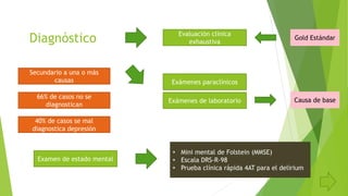 Diagnóstico
Secundario a una o más
causas
66% de casos no se
diagnostican
Evaluación clínica
exhaustiva
Exámenes paraclínicos
Causa de base
Examen de estado mental
Gold Estándar
• Mini mental de Folstein (MMSE)
• Escala DRS-R-98
• Prueba clínica rápida 4AT para el delirium
40% de casos se mal
diagnostica depresión
Exámenes de laboratorio
 