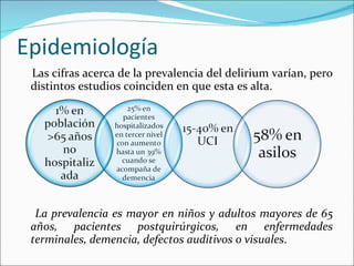Epidemiología Las cifras acerca de la prevalencia del delirium varían, pero distintos estudios coinciden en que esta es alta.  La prevalencia es mayor en niños y adultos mayores de 65 años, pacientes postquirúrgicos, en enfermedades terminales, demencia, defectos auditivos o visuales . 