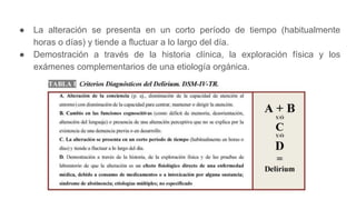 ● La alteración se presenta en un corto período de tiempo (habitualmente
horas o días) y tiende a fluctuar a lo largo del día.
● Demostración a través de la historia clínica, la exploración física y los
exámenes complementarios de una etiología orgánica.
 