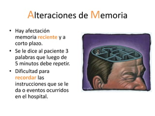 Alteraciones de Memoria
• Hay afectación
  memoria reciente y a
  corto plazo.
• Se le dice al paciente 3
  palabras que luego de
  5 minutos debe repetir.
• Dificultad para
  recordar las
  instrucciones que se le
  da o eventos ocurridos
  en el hospital.
 