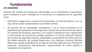 Fundamento
LEY ADUANERA
Artículo 176. Comete las infracciones relacionadas con la importación o exportación,
quien introduzca al país o extraiga de él mercancías, en cualquiera de los siguientes
casos:
I. Omitiendo el pago total o parcial de los impuestos al comercio exterior y, en su
caso, de las cuotas compensatorias, que deban cubrirse.
II. Sin permiso de las autoridades competentes o sin la firma electrónica en el
pedimento que demuestre el descargo total o parcial del permiso antes de realizar
los trámites del despacho aduanero o sin cumplir cualesquiera otras regulaciones
o restricciones no arancelarias emitidas conforme a la Ley de Comercio Exterior,
por razones de seguridad nacional, salud pública, preservación de la flora o fauna,
del medio ambiente, de sanidad fitopecuaria o los relativos a Normas Oficiales
Mexicanas excepto tratándose de las Normas Oficiales Mexicanas de información
comercial, compromisos internacionales, requerimientos de orden público o
cualquiera otra regulación.
 