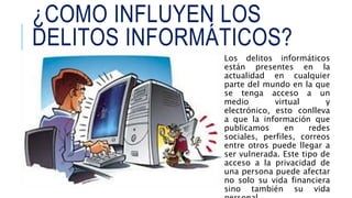 ¿COMO INFLUYEN LOS
DELITOS INFORMÁTICOS?
Los delitos informáticos
están presentes en la
actualidad en cualquier
parte del mundo en la que
se tenga acceso a un
medio virtual y
electrónico, esto conlleva
a que la información que
publicamos en redes
sociales, perfiles, correos
entre otros puede llegar a
ser vulnerada. Este tipo de
acceso a la privacidad de
una persona puede afectar
no solo su vida financiera
sino también su vida
 